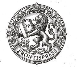 The Frontispress seal: a lion rampant holding an open book marked Fp