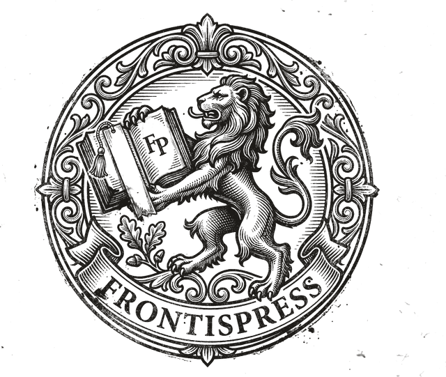 The FrontisPress seal: a lion rampant holding an open book marked Fp