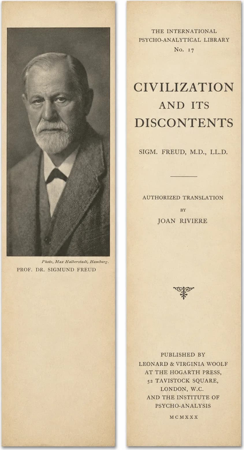 Two bookmark faces: a portrait of Sigmund Freud, and the Hogarth Press title page