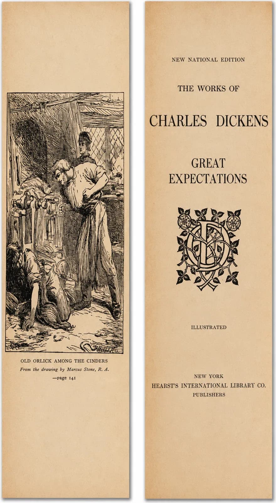 Two bookmark faces: an illustration of Old Orlick at a forge, and the Great Expectations title page