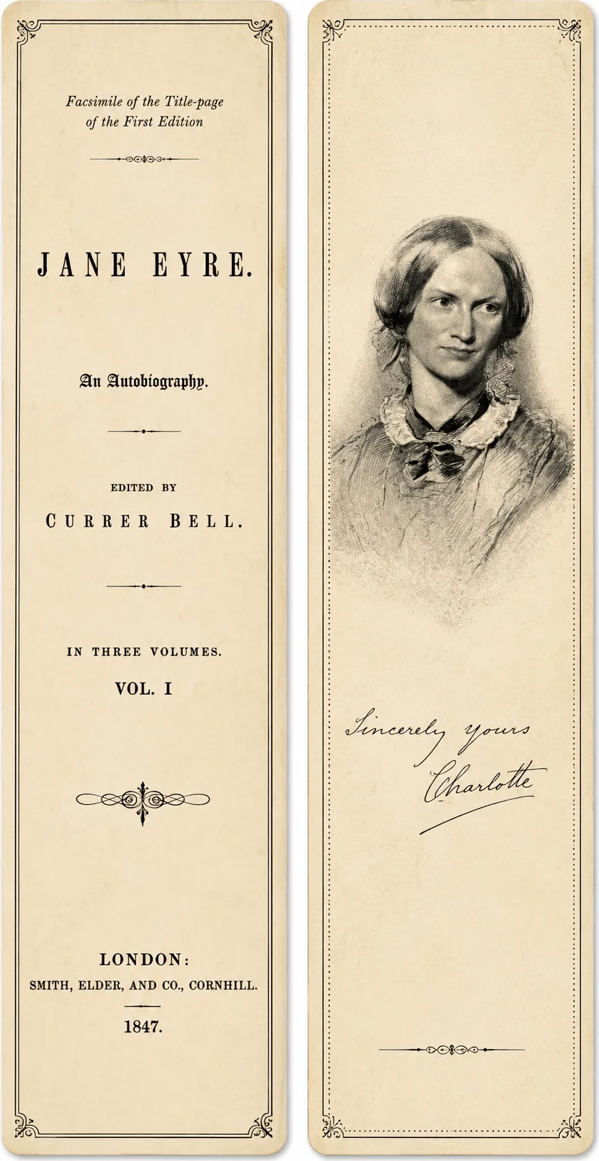 Two bookmark faces: the 1847 Jane Eyre title page, and a portrait of Charlotte Brontë
