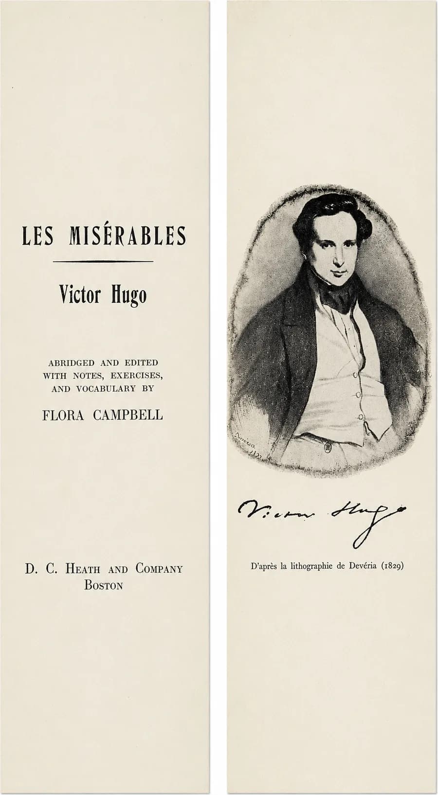 Two bookmark faces: the Les Misérables title page, and a portrait of Victor Hugo with his signature