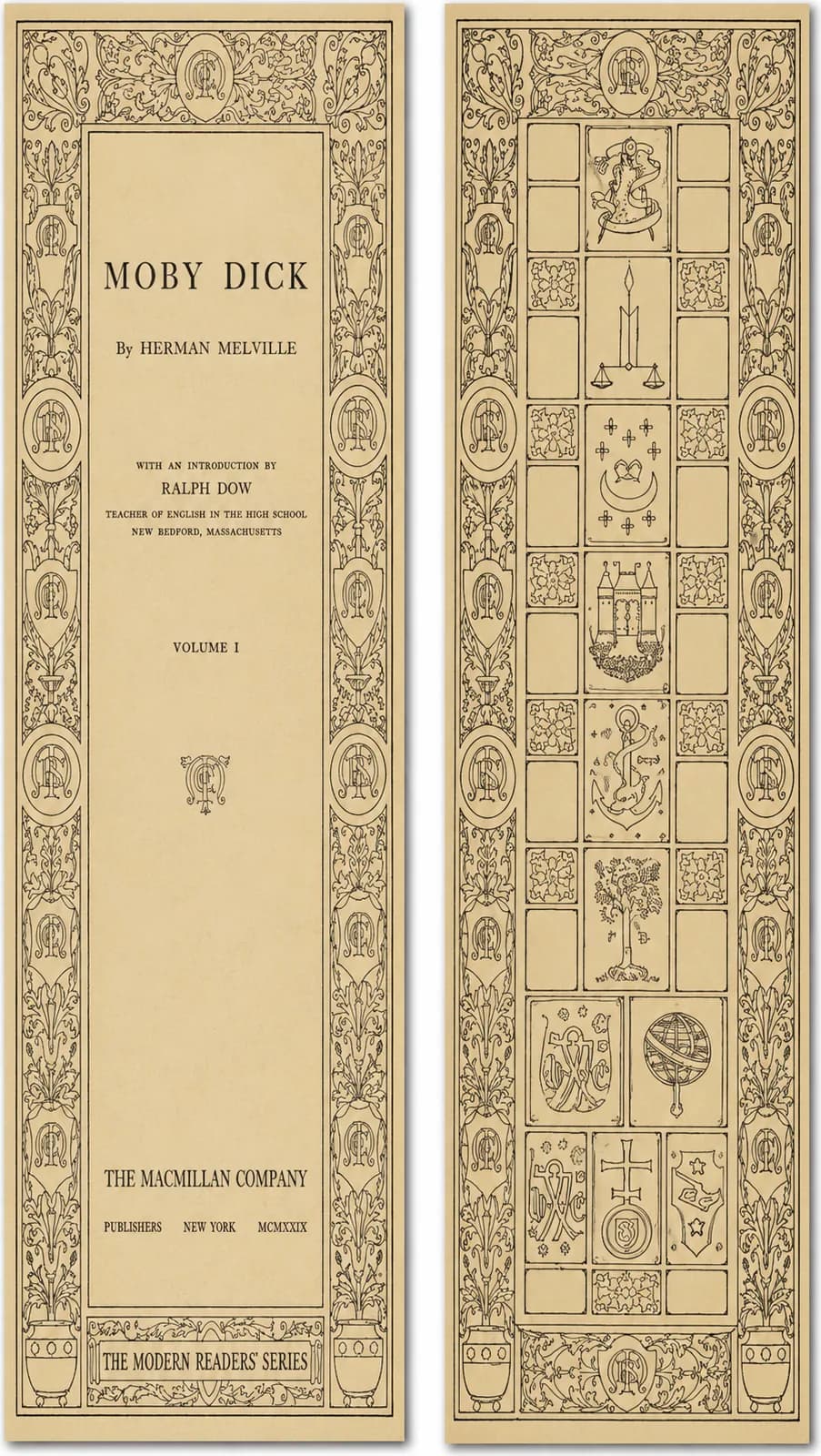 Two bookmark faces: the Moby Dick title page in a decorative border, and a panel of emblems