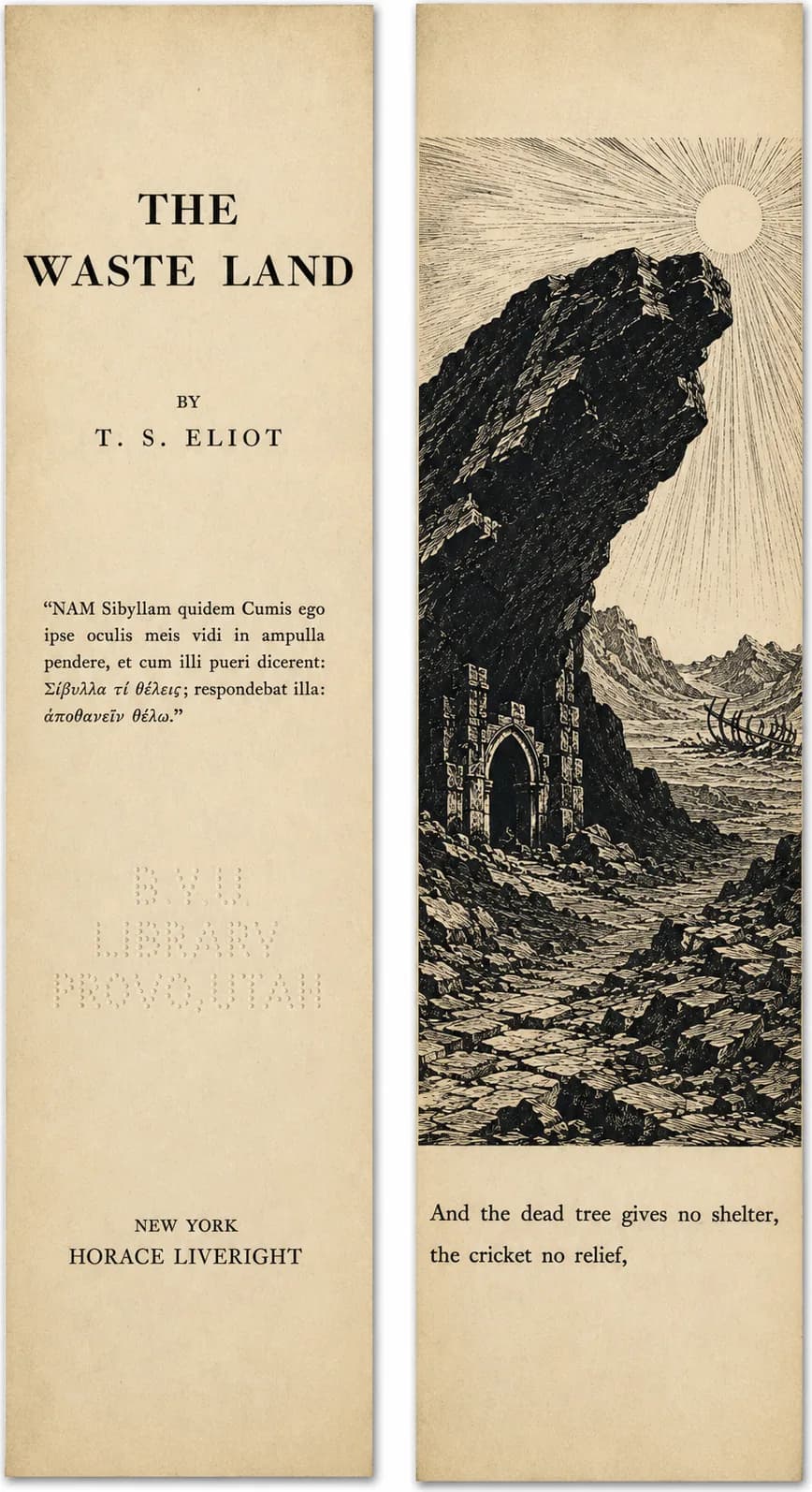 Two bookmark faces: The Waste Land title page, and a woodcut of a chapel among rocks